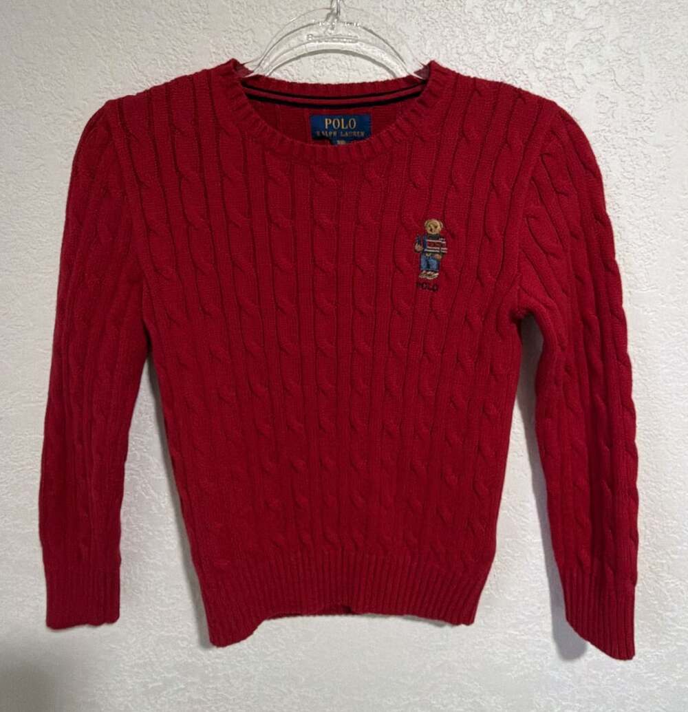 Polo Ralph Lauren Cable Knit Bear Sweater Size S(8) Red Cotton
